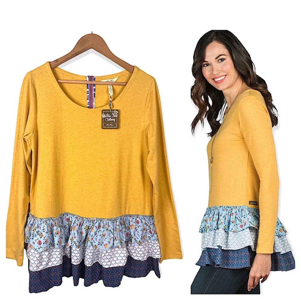 Matilda Jane Goldenrod & Blue Abstract Weekend Vibes Top Fluttery Ruffle